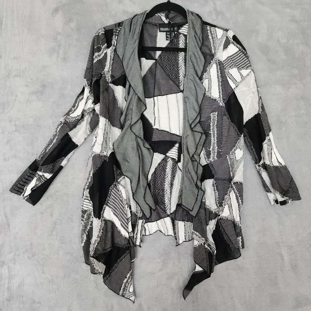 Frank Lyman Design Abstract Patchwork Cardigan Black Gray Ivory Asymmetrical